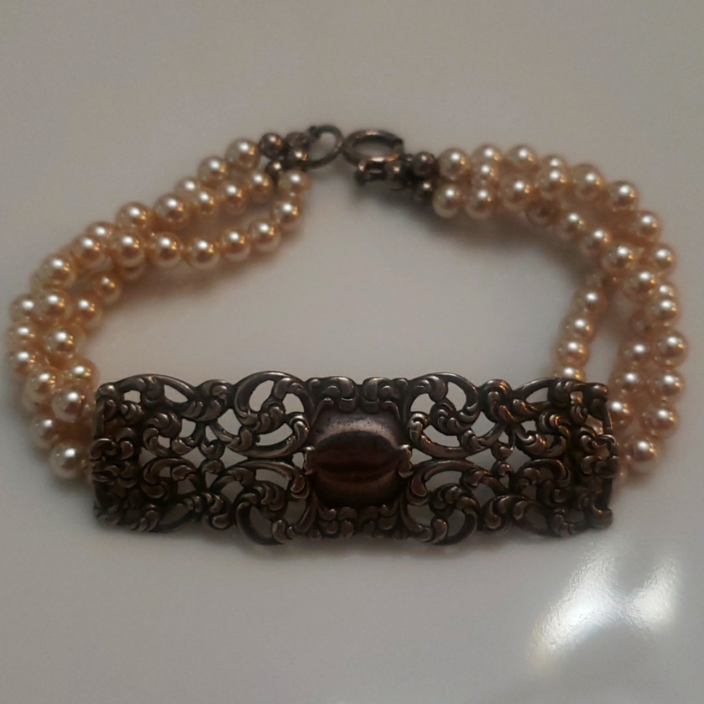 Vintage Sterling Bar Pearl Bracelet